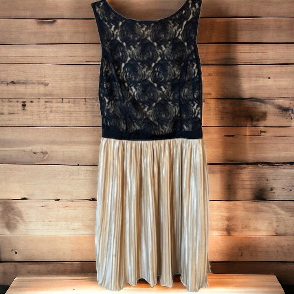 Rewind Black Rose Lace Bodice Champange Pleated Skirt Sleeveless Evening Dress